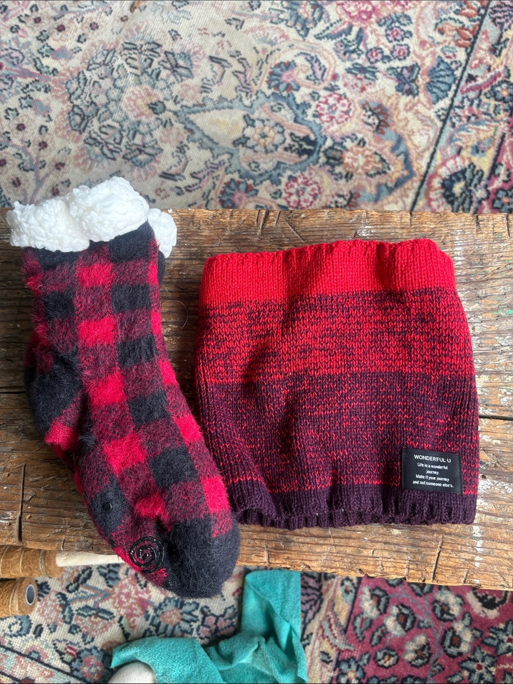 Muk Luks Red & Black Cozy Knit Socks and Neck Warmer Set